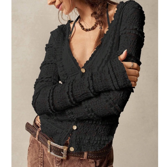 Boho Fitted Button Down Frill Ruffle Detail Long Sleeve top - Picture 11 of 12